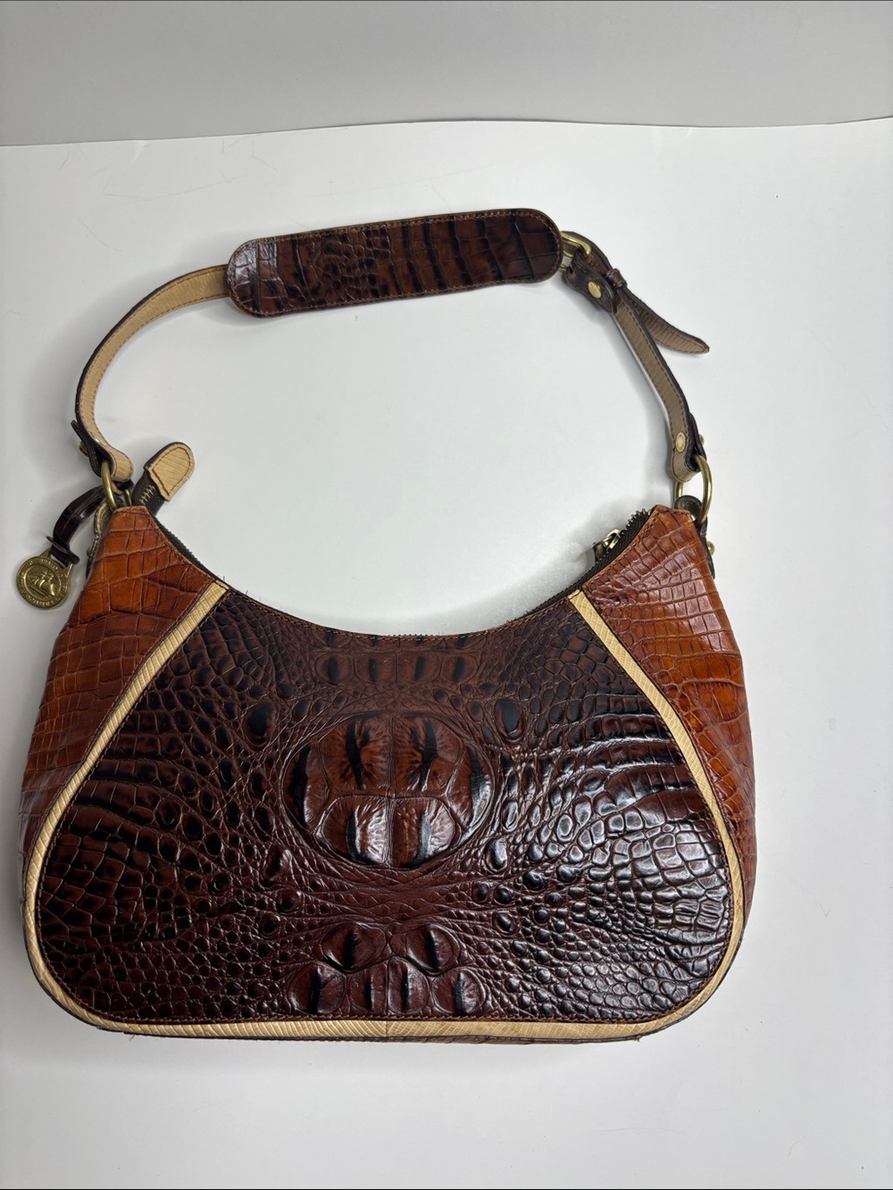 Brahmin Brown Croc-Embossed Satchel with Cream Trim